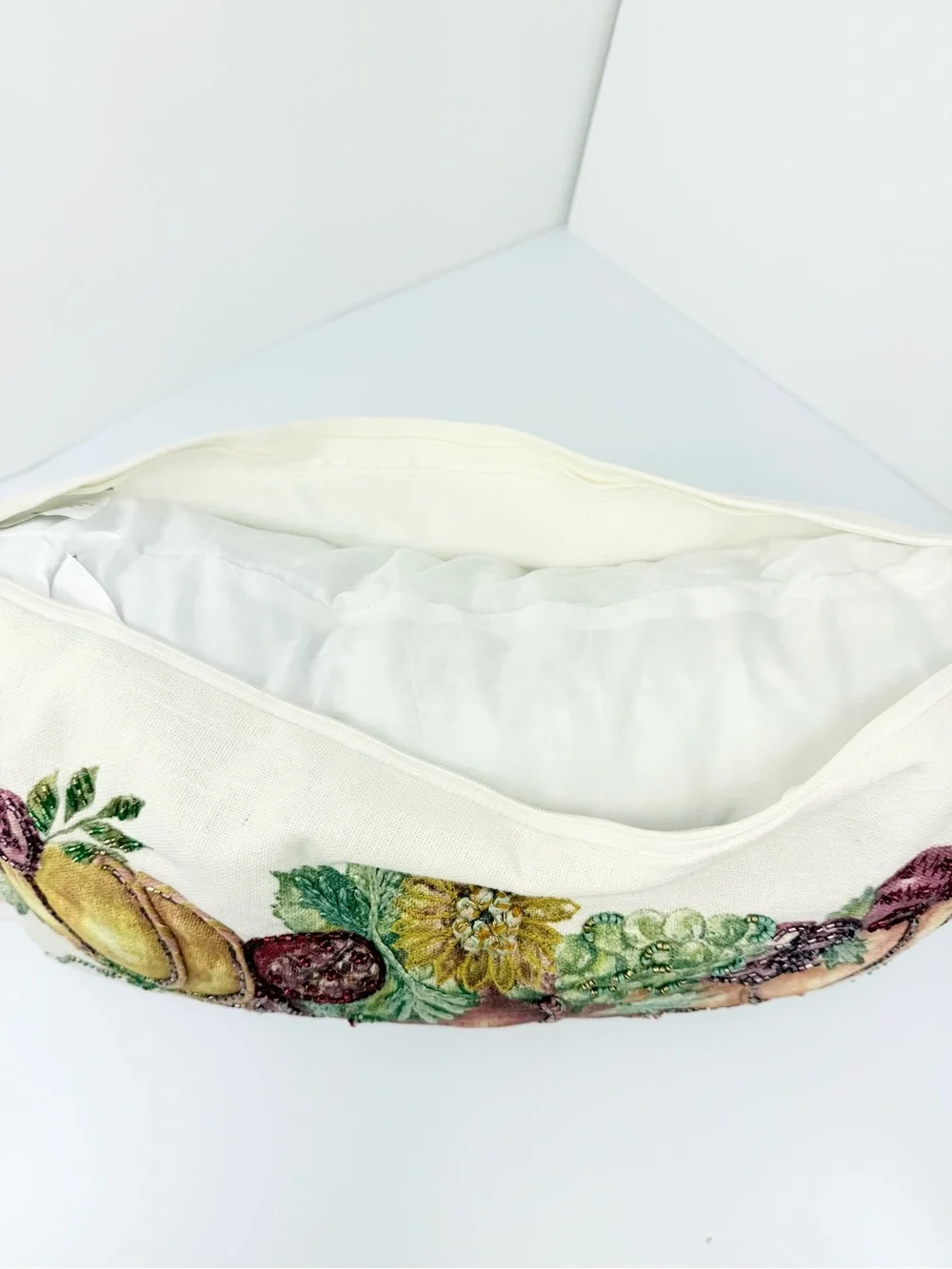 Gardeners Eden Cream Green Pumpkin Fall Print Soft Woven Beaded Accent Pillow